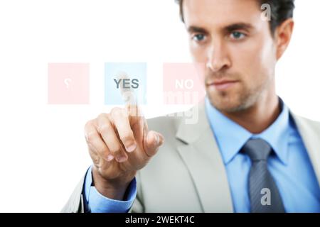Businessman, UI and touching hologram with yes icon for decision, question or interaction on mockup space. Man or employee with display for UX, choice Stock Photo