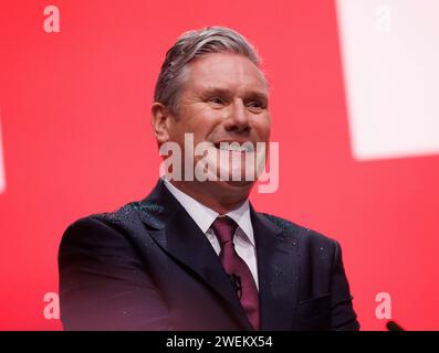 Sir Keir Starmer gives his keynote speech at the Labour Party Conference after Yaz Ashmawi took to the stage and poured glitter over him in protest. Stock Photo