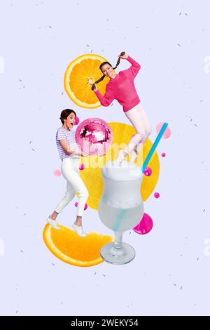 Creative abstract template graphics collage image of funky funny girl friends drinking cocktails having fun isolated violet color background Stock Photo