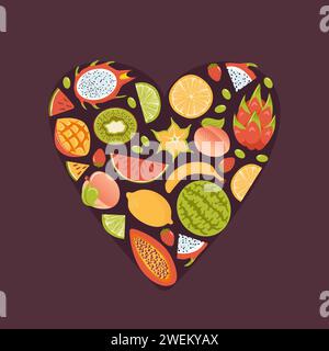 Heart of exotic tropical fruits, cartoon style. Fresh lemon, lime wedges, watermelon, pitahaya dragon, star fruit, papaya, mango and kiwi, strawberry. Stock Vector