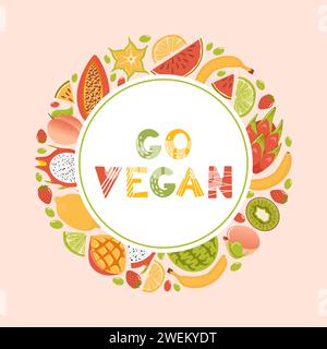 World vegan day. Banner in cartoon style. A frame of fresh tropical exotic fruits, harvesting. Fresh lemon, lime wedges, watermelon, pitahaya dragon, Stock Vector