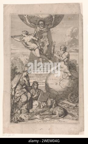 Atlas wears the Hemelgrobe on its shoulders, c. 1689 print Atlas wears the Hemelgrobe on its shoulders and stands on a pedestal. To his left, Faam de Bazuin blows, on the right Neptune is sitting on a globe. In the foreground is on the far left Cybele, the personification of earth, with a crown in the form of walls and towers on her head and a key in her hand. In addition to her, Geografia, personification of geography, describes a drawing board. Geografia is surrounded by various measuring instruments and holds a passer. There is a lion on her feet.  paper etching (story of) Atlas - attribute Stock Photo