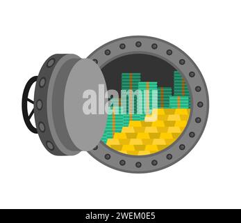 Cash vault money. Dollars and cash. Large round iron bulletproof vault door. Stock Vector