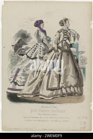 Small mail of the ladies, 1867, No. 3523: Etoffes des Ville de Franc (...), 1867  Two women, one of whom saw on the back, in the open air. Under the performance some Rules Advertising text for different products. Print from the fashion magazine Petit Courrier des Dames (1821-1868).  paper engraving fashion plates. head-gear (+ women's clothes). gloves, mittens, etc. (+ women's clothes). border, ribbon, braid (+ women's clothes). parasol, sunshade (+ women's clothes) Stock Photo