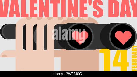 Valentine's day Binoculars with love. You see love through binoculars. Hearts in a telescope. Stock Vector