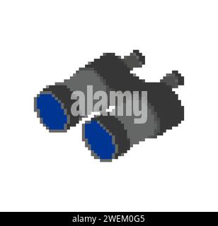 Binoculars pixel art. 8 bit optical instrument with lens for each eye Stock Vector