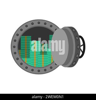 Cash vault money. Dollars and cash. Large round iron bulletproof vault door. Stock Vector