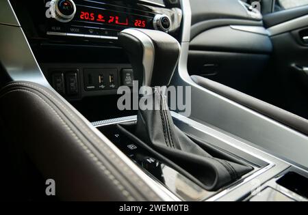 Automatic transmission shift lever inside premium car in parking position Stock Photo