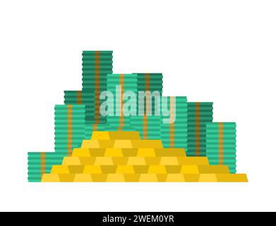 Stacks of money and gold. Stack of dollars and gold bars. Stacks of cash Stock Vector