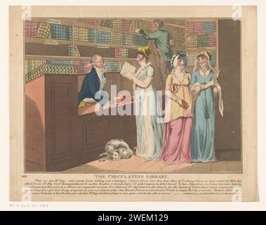 Three women in a loan library, Anonymous, 1804 print In front of the counter is a woman with a catalog in her hands. She discusses the offer with the librarian, a man with a goose spring behind his ear who is on the other side of the counter. In the background, a man on a ladder is putting back books.  paper etching public library Stock Photo