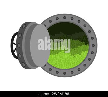 Cash vault money. Dollars and cash. Large round iron bulletproof vault door. Stock Vector