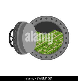 Cash vault money. Dollars and cash. Large round iron bulletproof vault door. Stock Vector