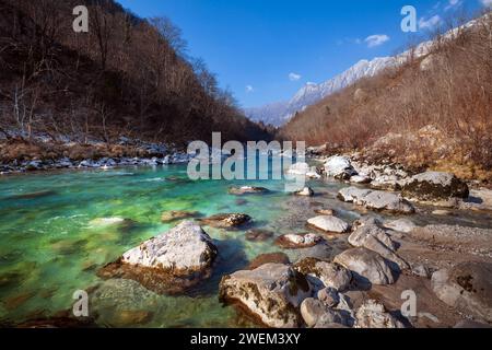 Lanscape of River Soa near Kobarid Slovenia Stock Photo