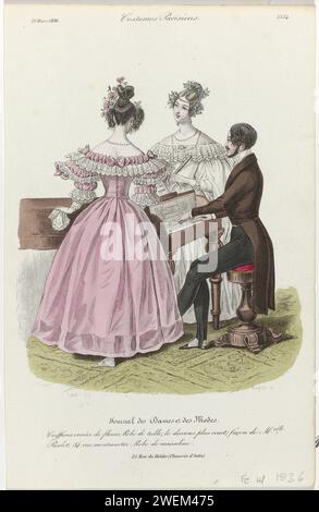 Journal of the ladies and fashions, Parisian costumes, March 25, 1836, (3354): Coses decorated with flowers (...), 1836  Two women in a piano, one of whom saw, while a man plays the piano. He wears a brown jacket with slips on black span pants. According to the caption: 'Coiffures' decorated with flowers. Evening Japon van Tulle, with a shorter slip dress, in the way of Pierlot. Evening Japon from Mousseline. Print from the fashion magazine Journal des Dames et des Mode (1797-1839).  paper engraving fashion plates. dress, gown: evening dress (+ women's clothes). handkerchief (+ women's clothes Stock Photo
