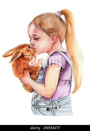 Girl with an animal. Watercolor illustration for cards, backgrounds,scrapbooking. Cartoon hand drawn background with flower for kids design .Perfect f Stock Photo