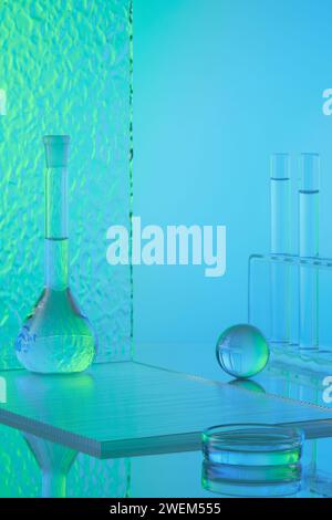 Lab theme with lab glassware - erlenmeyer flask, petri dish, test tubes containing transparent liquid and acrylic sheets decorated on blue background. Stock Photo