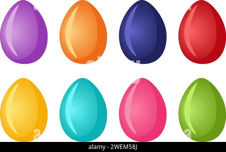 Set of painted eggs for Easter celebration. Religious symbol of Happy Easter celebration. A set of eight eggs of different colors. Design element for Stock Vector