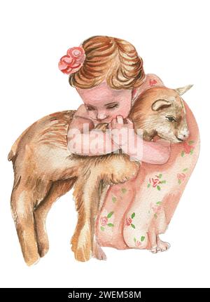 Girl with an animal. Watercolor illustration for cards, backgrounds,scrapbooking. Cartoon hand drawn background with flower for kids design .Perfect f Stock Photo