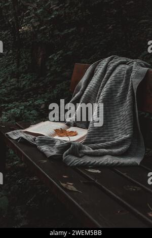Gray knitted plaid and a book on a bench in the forest after rain Stock Photo