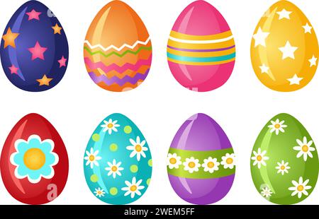 Bright decorated Easter eggs. A set of eight eggs of different colors with a pattern. Religious symbol of Happy Easter celebration. Design element for Stock Vector