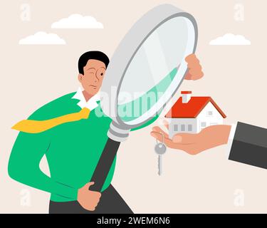 House inspection, curios businessman using magnifying glass to see house details. Hand agent with home in palm and key on finger. Vector Stock Photo