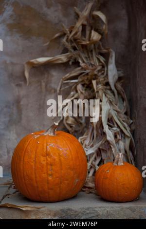 Pumpkin Decorations on stairs Stock Photo