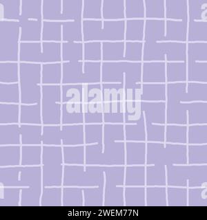 lilac; purple; violet; lavender; grey background with brush texture effect, weave plaid style fine broken lines. Irregular check repeat pattern. Squar Stock Vector