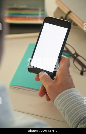 Man Holding White Blank Screen Smartphone Stock Photo