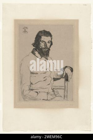 Portrait of artist Charles Méryon, Félix Bracquemond, 1853 print Portrait of the artist Charles Meryon sitting in semi -figure on a chair three -quarters to the right with his arm casually resting on the backrest. At the top left is the year stated in which the man was recorded. At the top right is the title of the magazine in which the portrait was published.  paper  portrait, self-portrait of artist Stock Photo