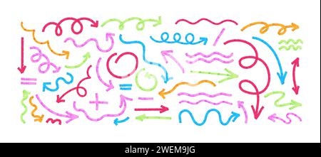 Colored set of wavy and squiggle arrows drawn by marker or hand-painted brush strokes. watercolor stripes isolated on white background Stock Vector