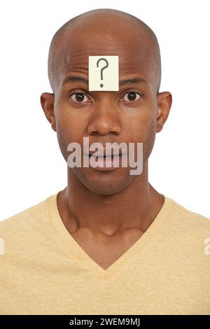 Portrait question mark sticker or black man with sign or doubt for decision, ideas or problem solving. Confused, face or model in studio with why icon Stock Photo