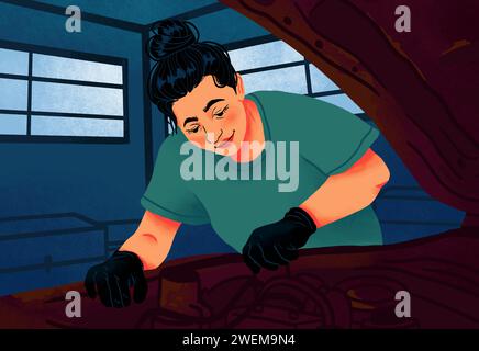 Woman changing oil under car hood in garage Stock Photo