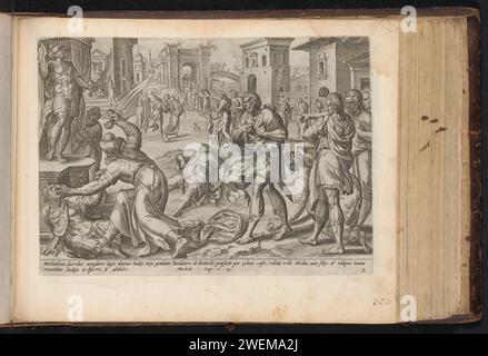 Mattatias kills a Jew and an envoy of the king, John Wierix, after Gerard van Groeningen, 1646 print Mattatias kills a Jew who, in accordance with the king's order, wanted to make a sacrifice on the altar in Modeïn and the king's envoy. In this way he showed his dedication to the law of God. Under the show a reference in Latin to the Bible text in 1 bubble. 2:14. This print is part of an album.  paper engraving Mattathias kills a Jew, who wanted to offer sacrifices to pagan gods, and pulls down the altar in Modin (1 Maccabees 2:23-26) Stock Photo