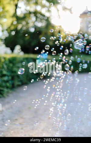 Lots of soap bubbles in the air green trees on the background Stock Photo