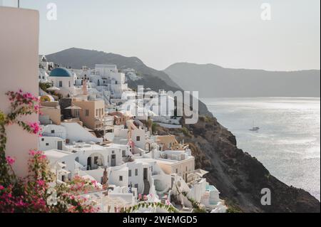 Scenic view of the village of Oia on cliffs overlooking the seascape Stock Photo