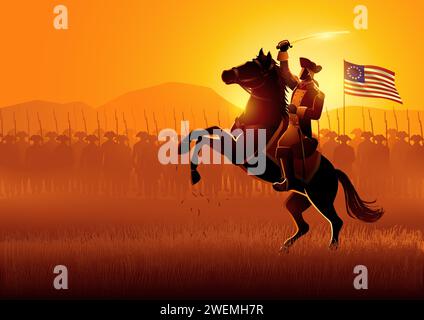 Vector illustration of a general leading his army on battlefield in the American revolutionary war Stock Vector