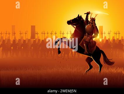 Vector illustration of samurai general leading his army on battlefield Stock Vector