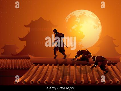 Vector illustration of the ninjas are sneaking up on the roof top to carry out a secret mission Stock Vector