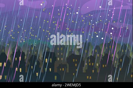 Night rain. A distant glowing city. Houses and windows. Stormy cityscape. Cartoon fun style Illustration vector Stock Vector