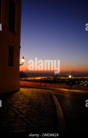 The view from Prague Castle across the city at sunrise Stock Photo