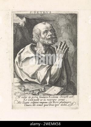 Apostle Petrus, Crispijn van de Passe (I), 1574 - 1637 print The apostle Peter in prayer. For him his attribute the key. In the margin a four -line caption in Latin. Pendant of a print of the Apostle Paulus.  paper engraving the apostle Paul of Tarsus; possible attributes: book, scroll, sword Stock Photo