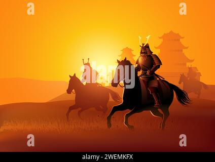 Vector illustration of a group of samurai on horseback with historical japanese castle on the background Stock Vector