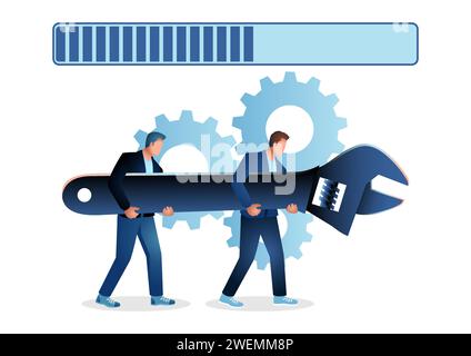 Men holding giant wrench, technical support and repair concept, vector illustration Stock Vector