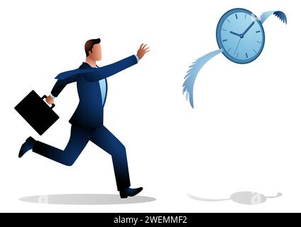 Business concept illustration of a businessman chasing a flying clock, running out of time, time flies concept Stock Vector