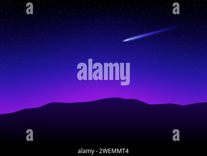Vector illustration of mountain silhouette with falling star in the starry sky Stock Vector