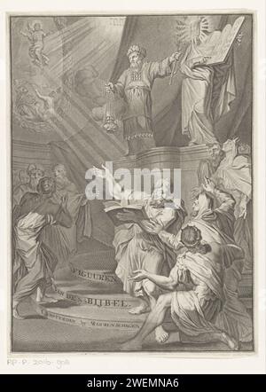 Aaron and the veiled Moses present the Israelites the Tables of the Law, Anonymous, After Gilliam van der Gouwen, 1723 - 1738 print On a pedestal the high priest Aaron and the veiled Moses. Around them the Jewish people. Moses shows the Israelites the tables of the law. In the background the tetragram and a representation of the Ascension of Christ.  paper engraving Moses covers his face with a veil. Moses comes down with the new tablets and is awaited by Aaron and the assembled people, who notice that 'his face is shining' (Moses' face is depicted with rays of light or with horns). Christ alo Stock Photo