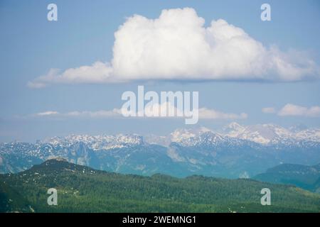 Amazing mountains panorama from 5 Fingers viewing platform in the shape of a hand with five fingers on Mount Krippenstein in the Dachstein Mountains Stock Photo