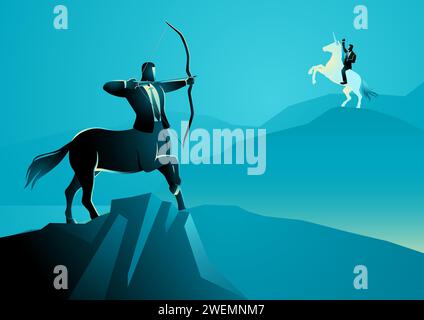 Vector illustration of a centaur businessman aiming a businessman riding a unicorn, metaphor for smaller companies aiming to become bigger company Stock Vector