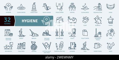 Hygiene icon collection. Conditions and practices that help to maintain health and prevent the spread of diseases. Stock Vector