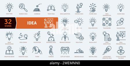 Idea icons pack. Idea may apply to a mental image or formulation of something seen or known or imagined Stock Vector